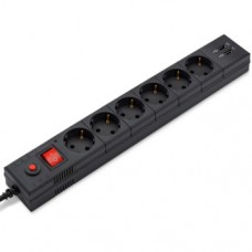 Сетевой фильтр BURO BU-SP1.8_USB_2A-B 1.8м (6 розеток) черный