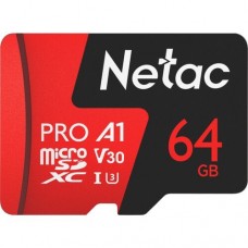 Netac <NT02P500PRO-064G-R> microSDXC Memory Card 64Gb A1 V30 UHS-I U3 + microSD->SD Adapter